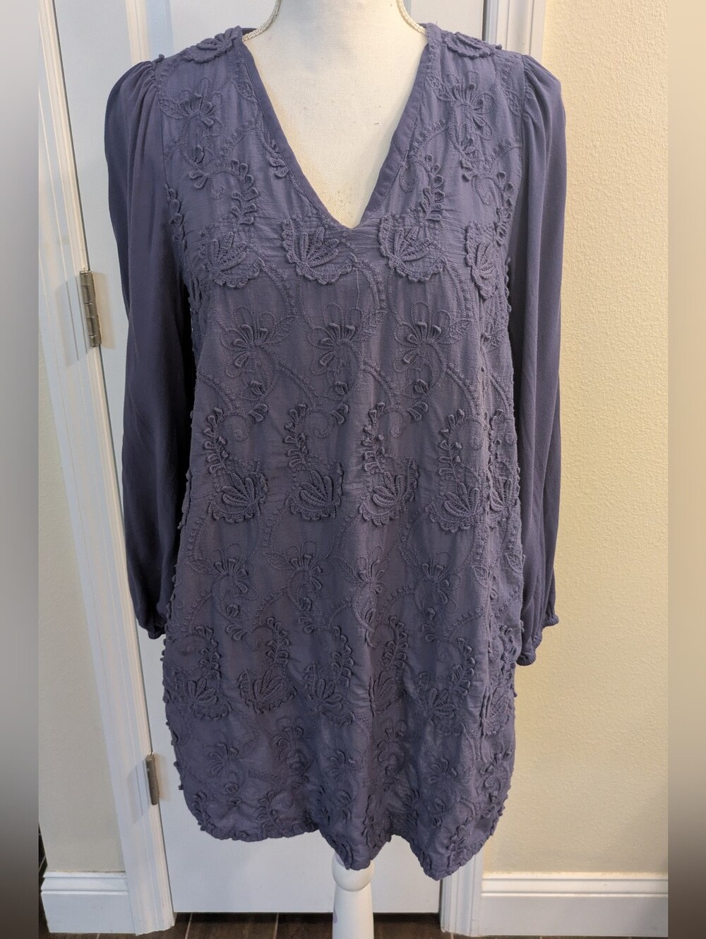 Umgee Boho Embroidered Tunic Top Small S Slate Blue Purple V-Neck Long Sleeve